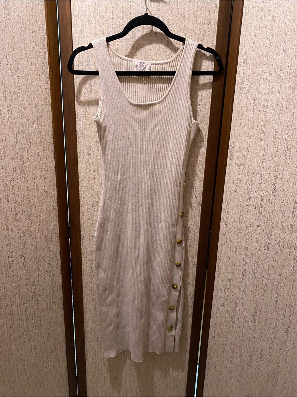 Hippie Rose Cream Ribbed Sleeveless Midi Dress with Side Button Detailing